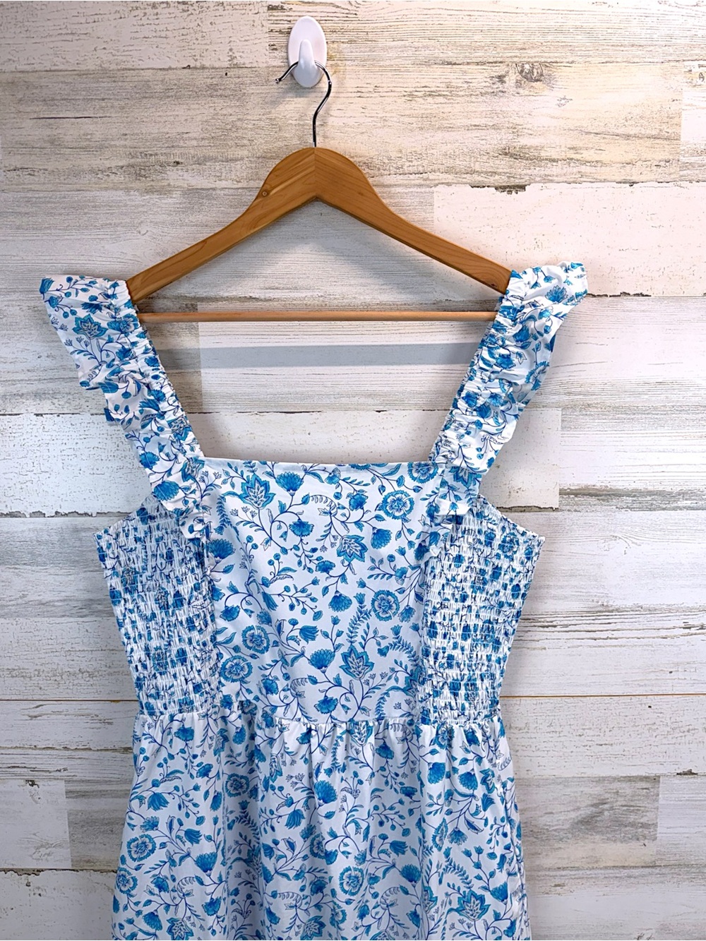 Draper James Blue White Floral Smocked Cotton Midi Dress Coastal Chic Large - Picture 4 of 12